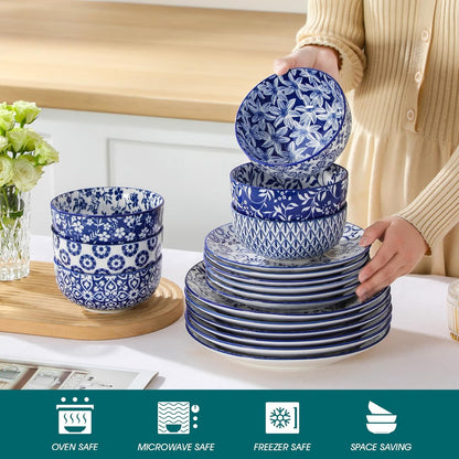 Selene Dinner Sets for 6 People, 18 Pieces Vintage Blue Porcelain Plates and Bowls Set Kitchen Crockery Set Dinnerware Sets, Mircowave and Dishwasher Safe Dishes Set