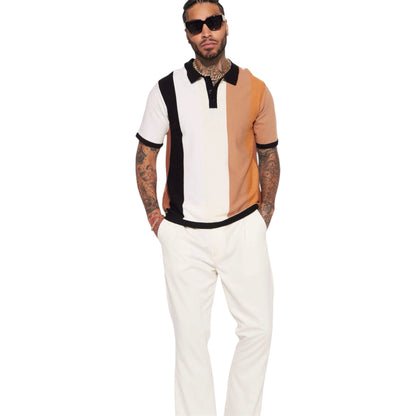 Levels Striped Short Sleeve Knit Polo Brown Combo