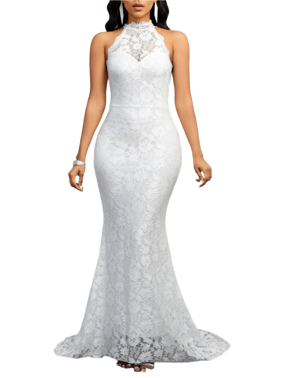 Women Lace Dress Elegant White Halterneck Sleeveless Backless Sexy Slim High Waist Bag Hips Bridesmaid Banquet Cocktail Party