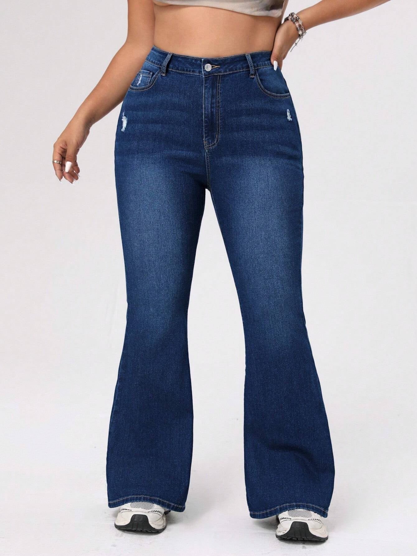 ICON Plus Size Women's Distressed Flared Jeans