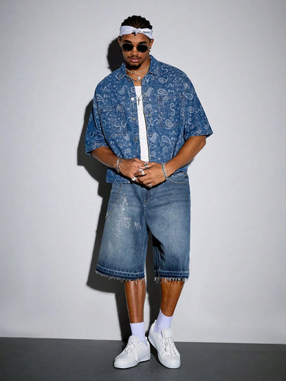 ROMWE MEN Grunge Punk Men'S Summer Vacation Paisley Print Patchwork Pocket Short Sleeve Denim Shirt