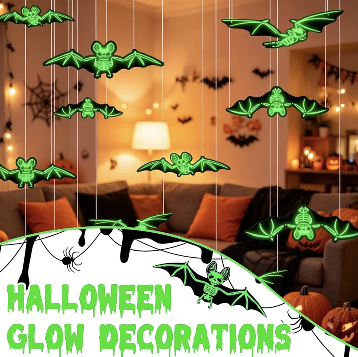 12 Hanging Halloween Bats with Glowing Skull Designs | Minja Superstore