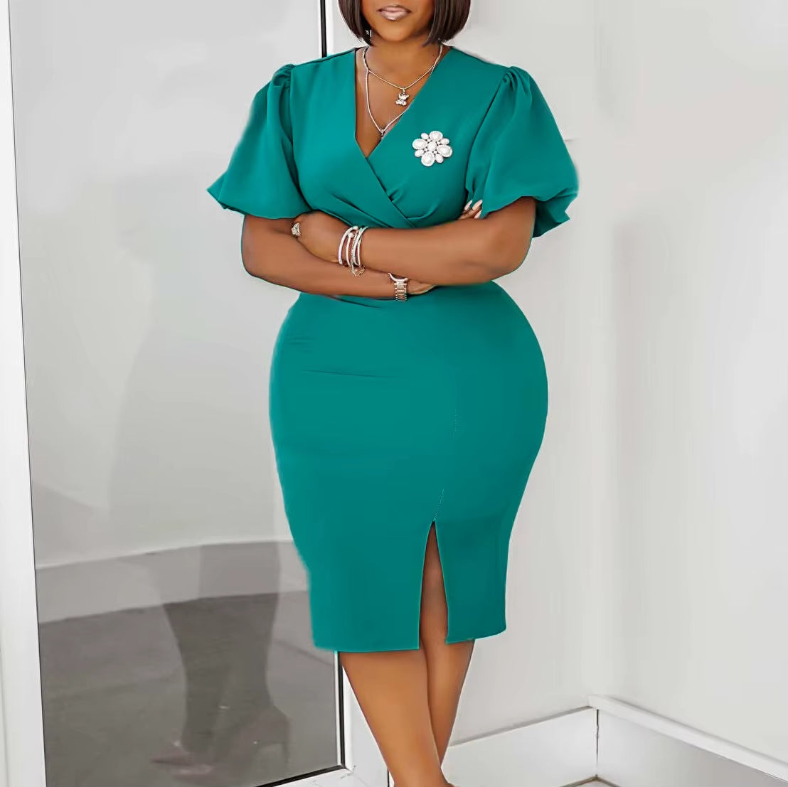 Guest Wedding Party Dress V Neck Short Lantern Sleeve Waist Belt Brooch Slit Solid Elegant Bodycon Sexy Feminine African Gowns