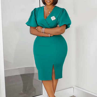Guest Wedding Party Dress V Neck Short Lantern Sleeve Waist Belt Brooch Slit Solid Elegant Bodycon Sexy Feminine African Gowns