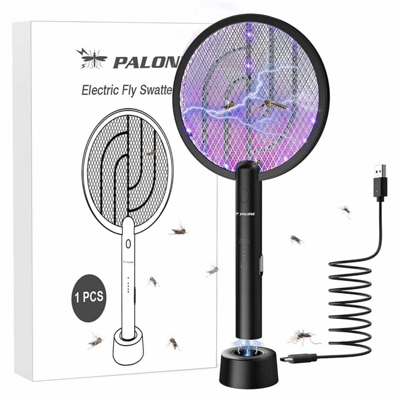 2 in 1 Electric Mosquito Swatter & Bug Zapper | USB Rechargeable 3000V Fly Killer with Strong Light & Safety Protection Net, Child & Pet Friendly for Home, Garden, Camping