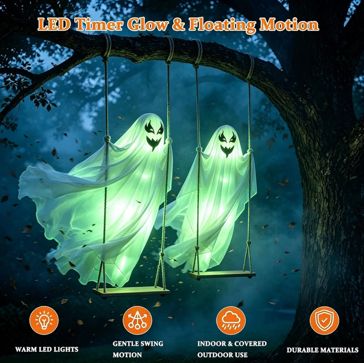 SNZ Halloween Ghost Swing Decorations – 2-Pack LED Ghosts with Timer | Minja Superstore