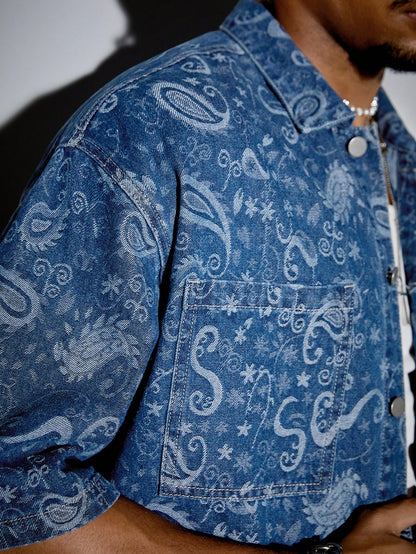 ROMWE MEN Grunge Punk Men'S Summer Vacation Paisley Print Patchwork Pocket Short Sleeve Denim Shirt