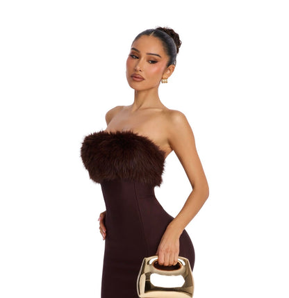 Malika Fur Trim Bandage Midi Dress Chocolate