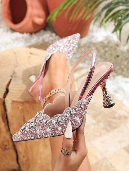 Pink Elastic Strap Back Rhinestone Women'S Sandals, Pointed Toe Backless Square High Heel Shoes, Unique Design