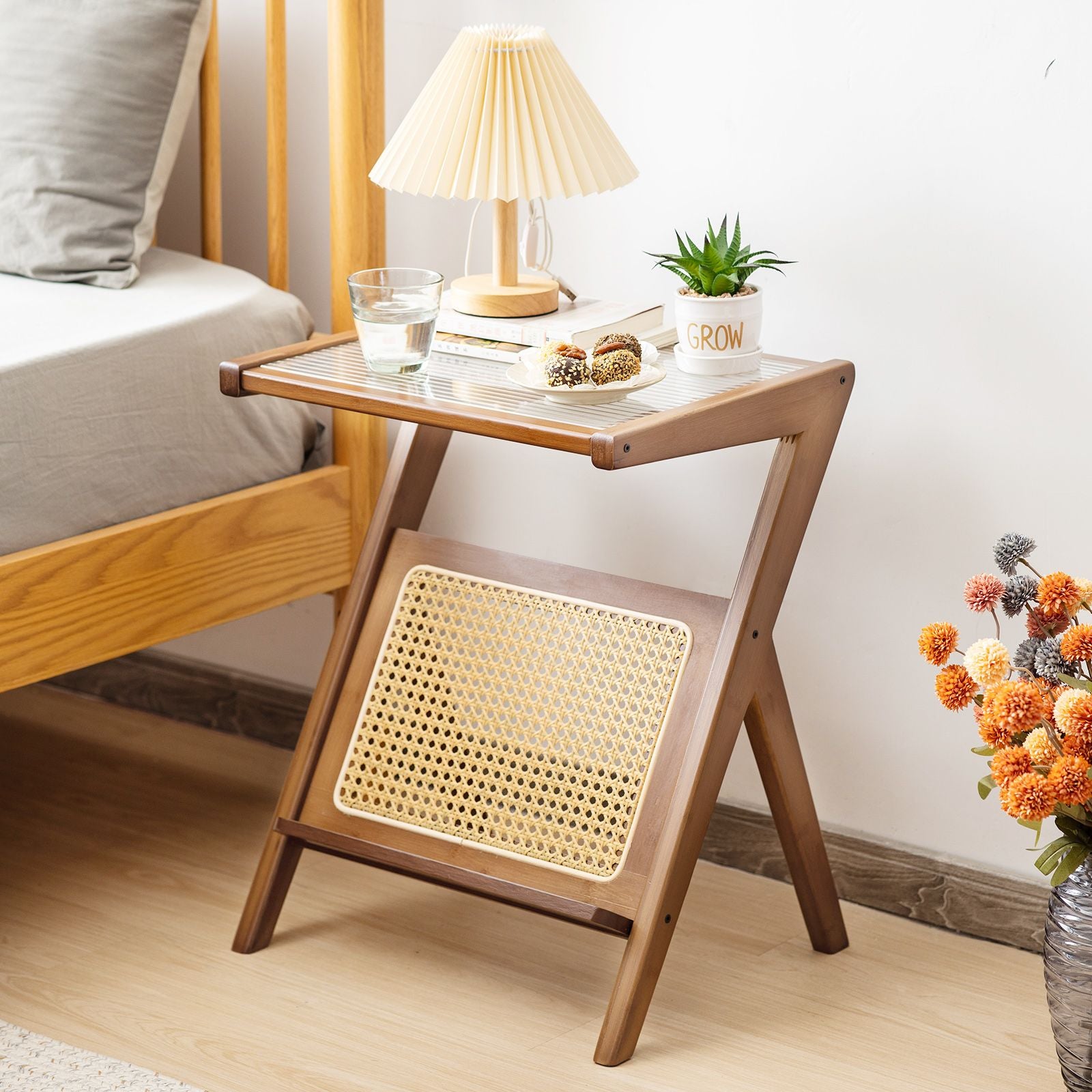 Stylish Bamboo Bedside Table with Elegant Tempered Glass Top