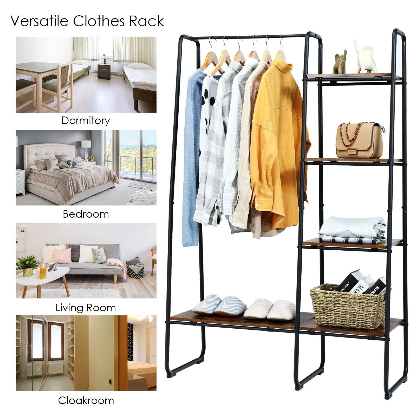 Free-Standing Clothing Rack with Five-Tier Wooden Shelves