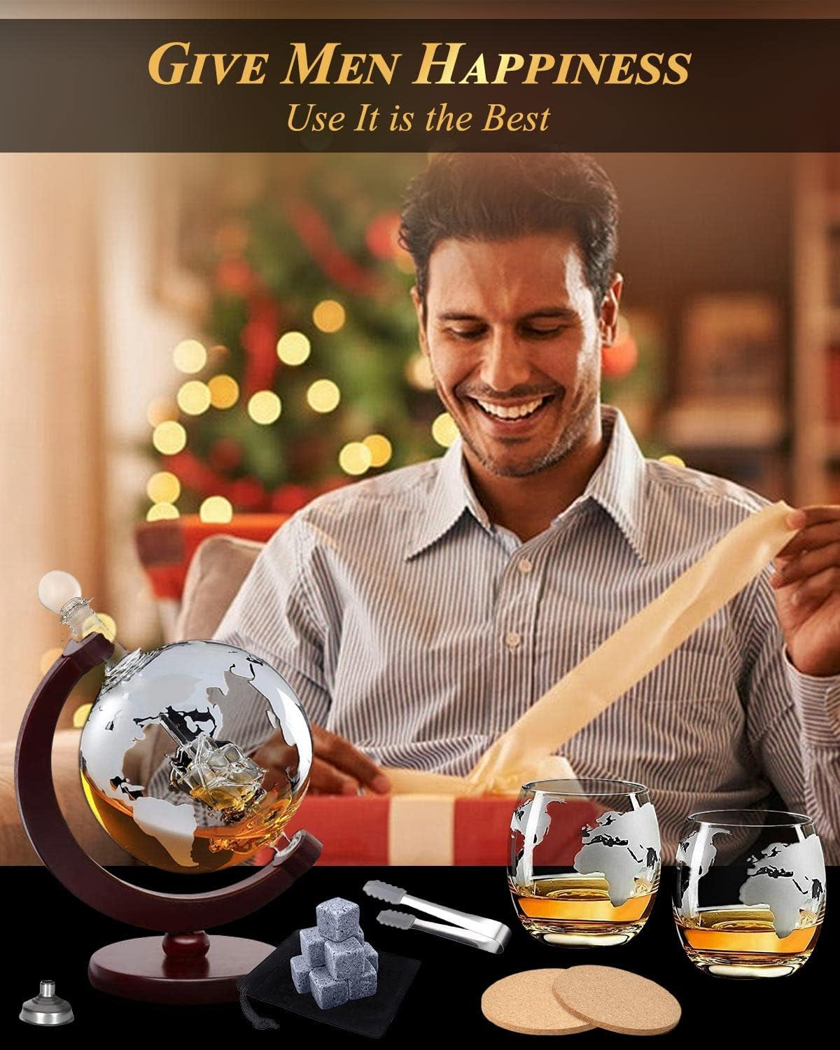 Whiskey Decanter and Glass Set,Globe Decanter Whiskey Gift Sets for Men Husband Him Boyfriend Dad Women with 2 Glasses, 9 Ice Cubes, Tong & Funnel,For All Kinds of Alcohol Drinks