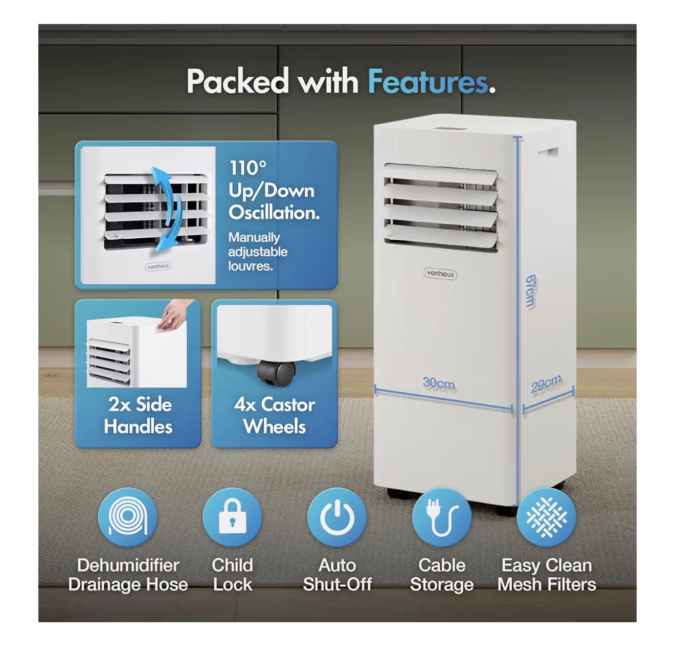 VonHaus Air Conditioning Unit 9000 BTU – Portable Air Conditioner, Dehumidifier Mode, Air Con, Window Venting Kit, Remote Control, 4 Modes, 2 Speeds, 24hr Timer, LED Display, x4 Wheels, Carry Handles