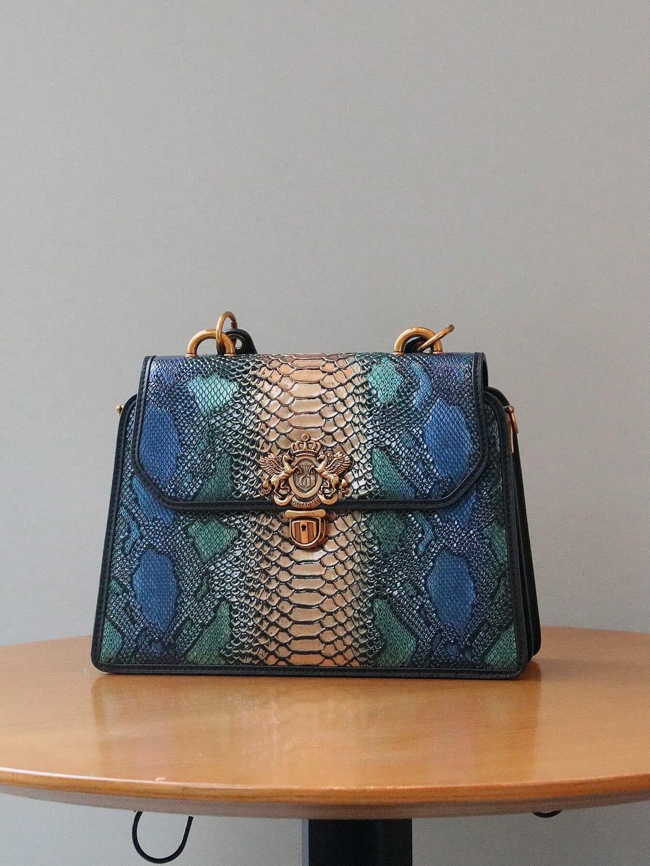 Luxury Custom 2025 New Vintage Women'S Handbag, Fashion Elaborate Luxurious Blue & Gold Snake Print Lock Ornament Tote Bag, Mature Style Shoulder & Crossbody Bag, Detachable Handle