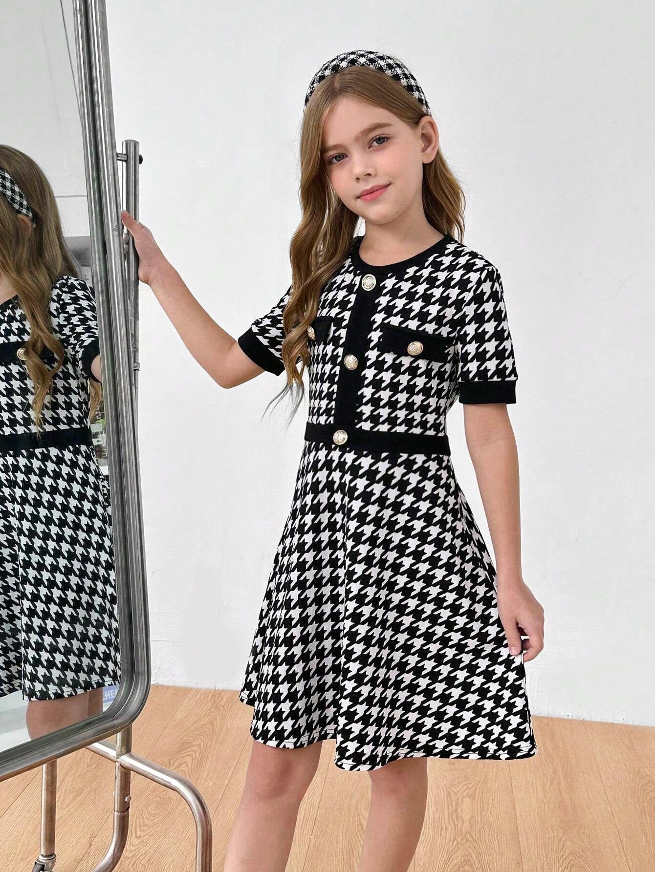 Tween Girls' Houndstooth Print Patchwork A-Line Dress with Button Detail, Elegant Schoolgirl Style for Back to School and Casual Wear