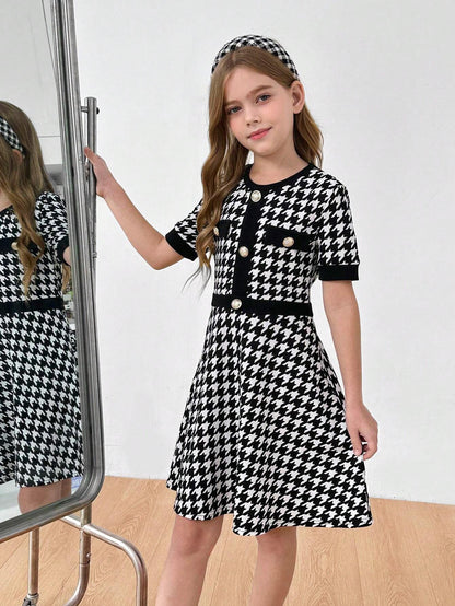 Tween Girls' Houndstooth Print Patchwork A-Line Dress with Button Detail, Elegant Schoolgirl Style for Back to School and Casual Wear