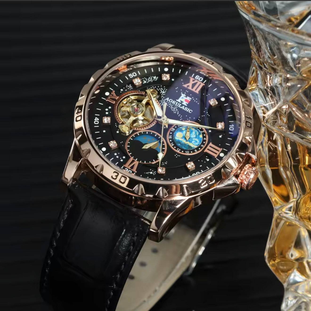 AOKULASIC Skeleton Automatic Men’s Watch with Moon Phase Dial