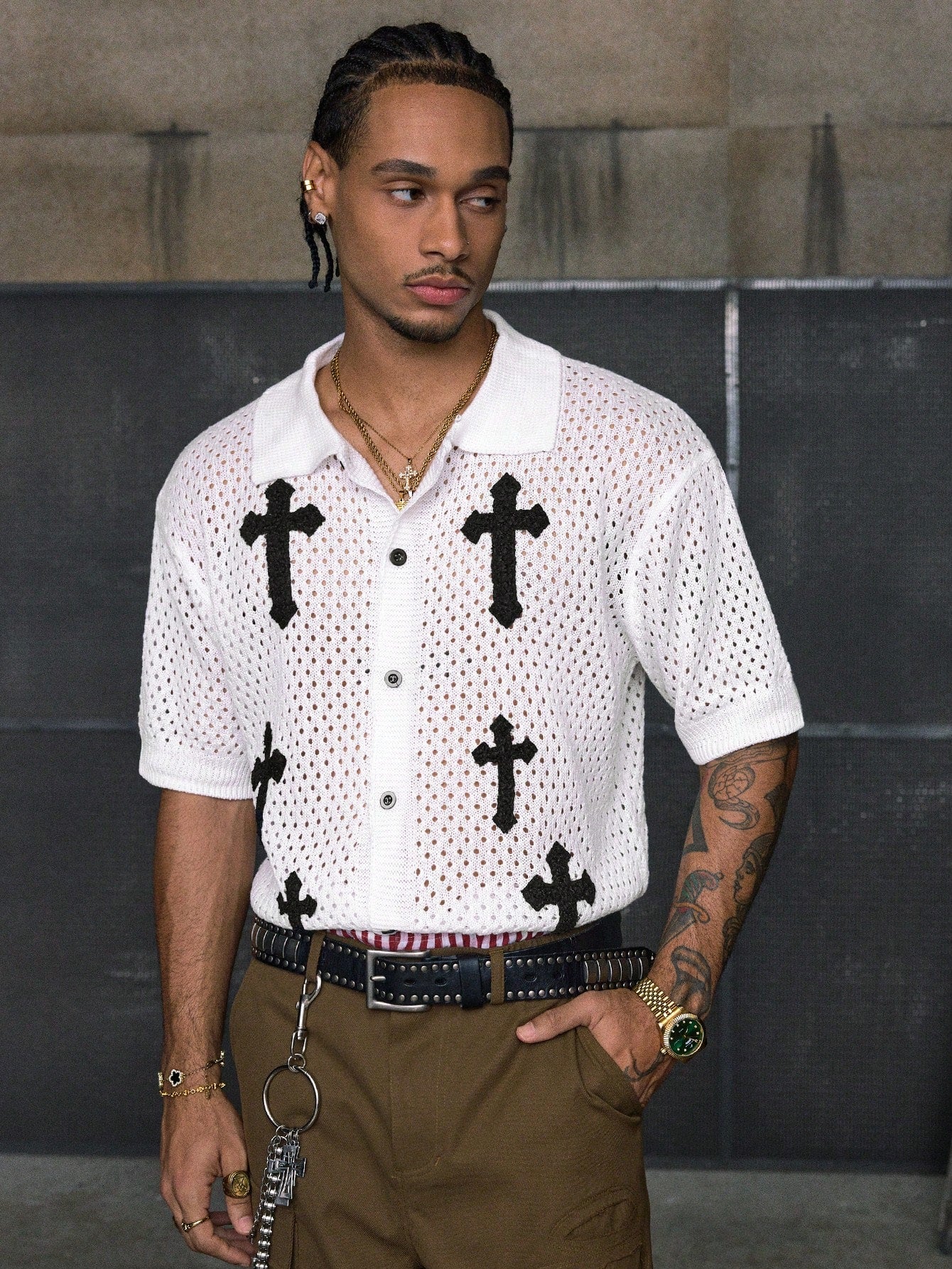 AXEPEAK Men'S Cross Print Front Button Casual Short Sleeve Knit Fall Sweater