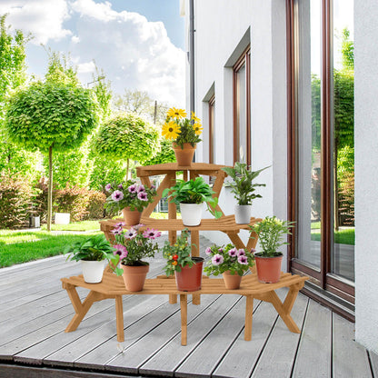 Three-Tier Wooden Plant Stand for Indoor and Outdoor Gardening Applications