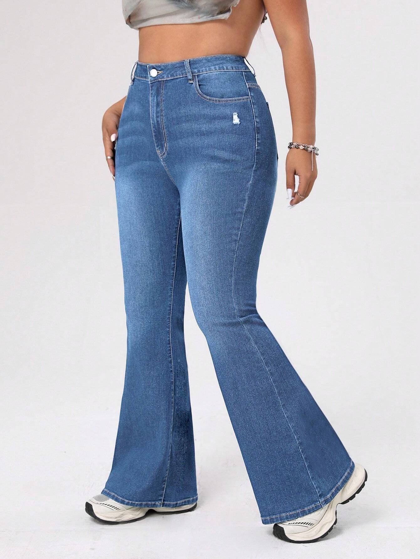ICON Plus Size Women's Distressed Flared Jeans