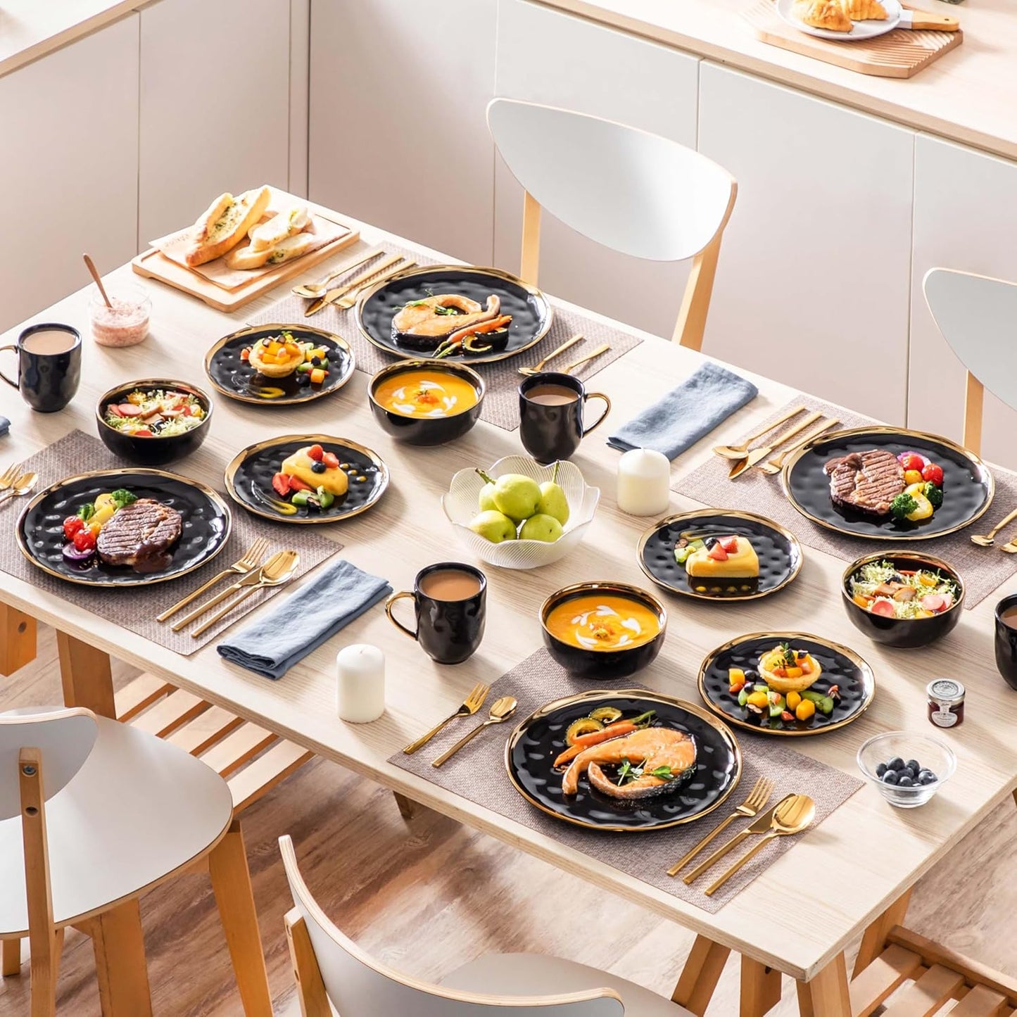 'Apollo', 16 Piece Dinner Set, Stoneware Dish Set for 4, Kitchen Plates and Bowls Sets, Handmade Dinnerware Set with Gold Trim, Dishwasher Safe, Black and Gold