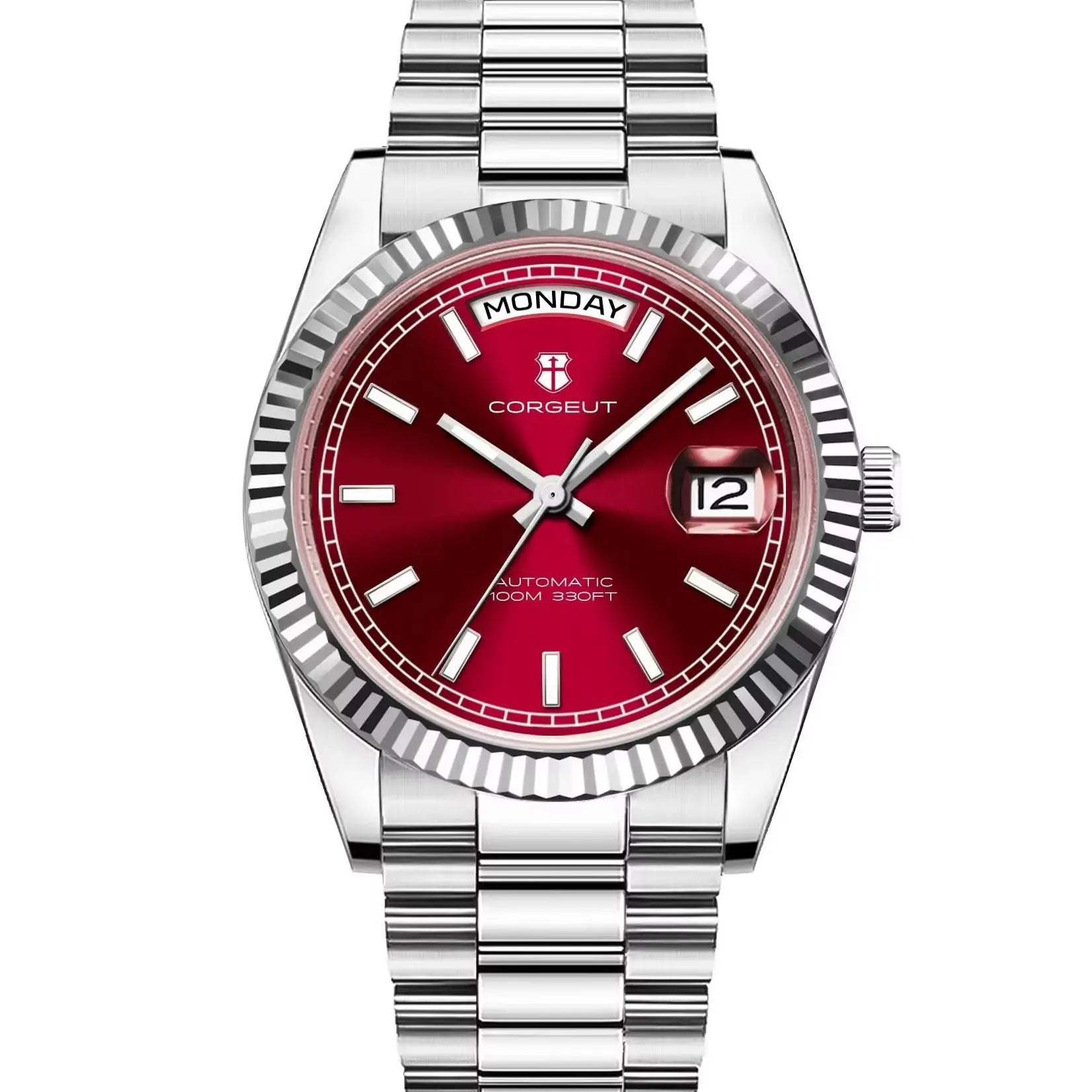 NH36 Mechanical Men'S Watch Date of the Week Show President Chain Strap Steel Case Watch Threaded Arc Bezel Waterp