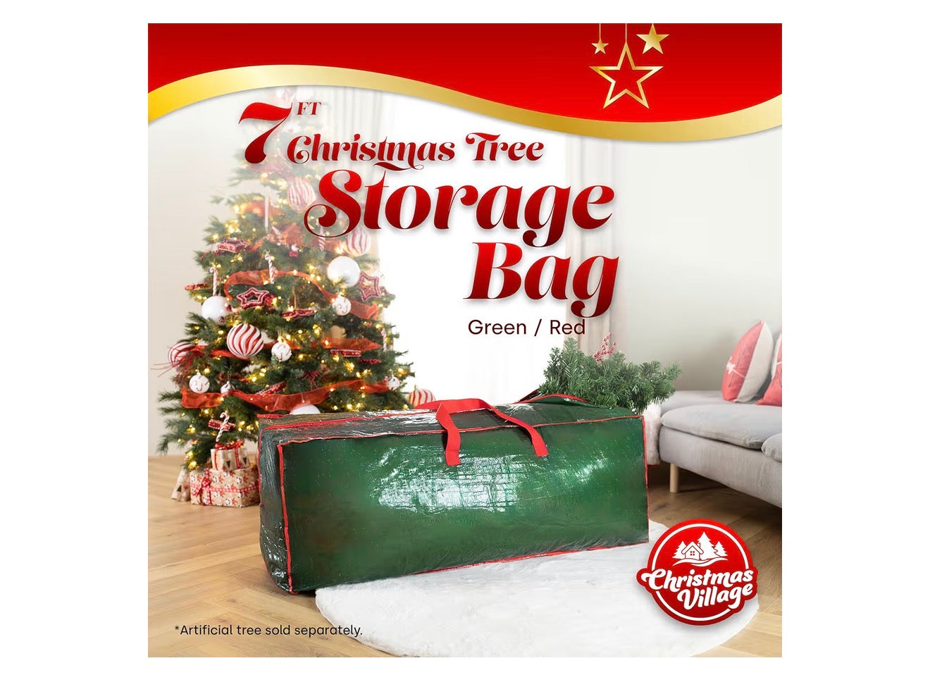Christmas Village 7ft Christmas Tree Storage Bag - Heavy Duty Christmas Tree Bag with Full Length Double Stitched Zip and Carry Handles (Green, 7ft Xmas Tree Storage Bag)