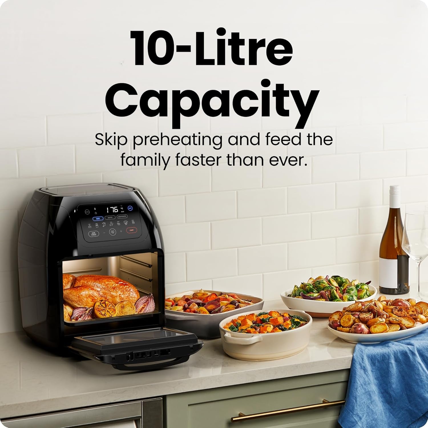 5 in 1 Air Fryer Oven with Rotisserie, 10L 1800W, 17 Presets Air Fry, Dehydrator, Roast, Bake, Family Size Large Air Fryer with Auto Shutoff and View Window, Black
