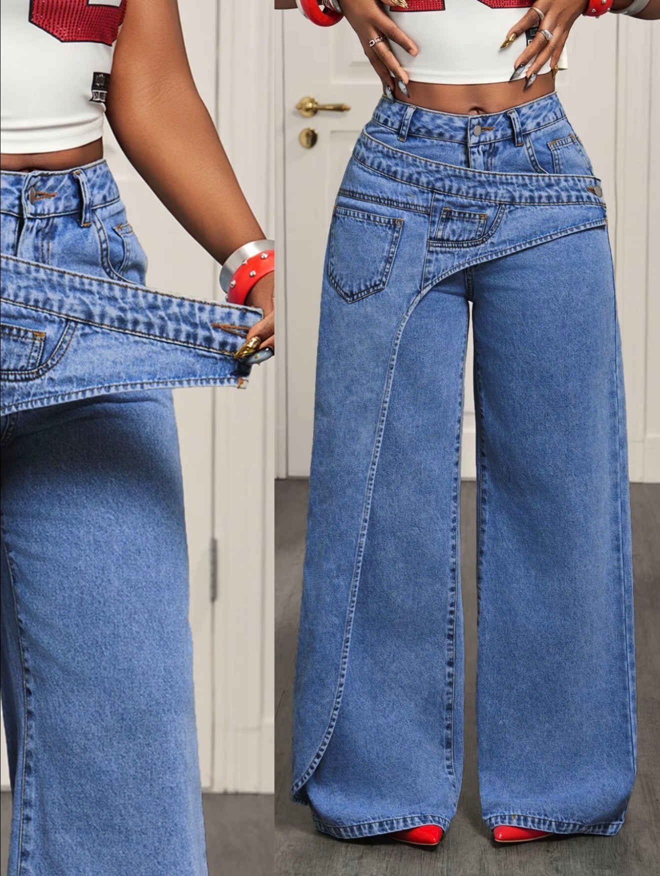 Women’s Casual Loose Fit Denim Long Pants Asymmetrical Design