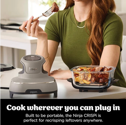 CRISPi Portable Air Fryer, 3.8L, 4-in-1: Air Fry, Roast, Keep Warm, Recrisp, Space Saving Compact Design, 2x Removable Glass Containers & Lids, 1700W, Stone FN101UKST