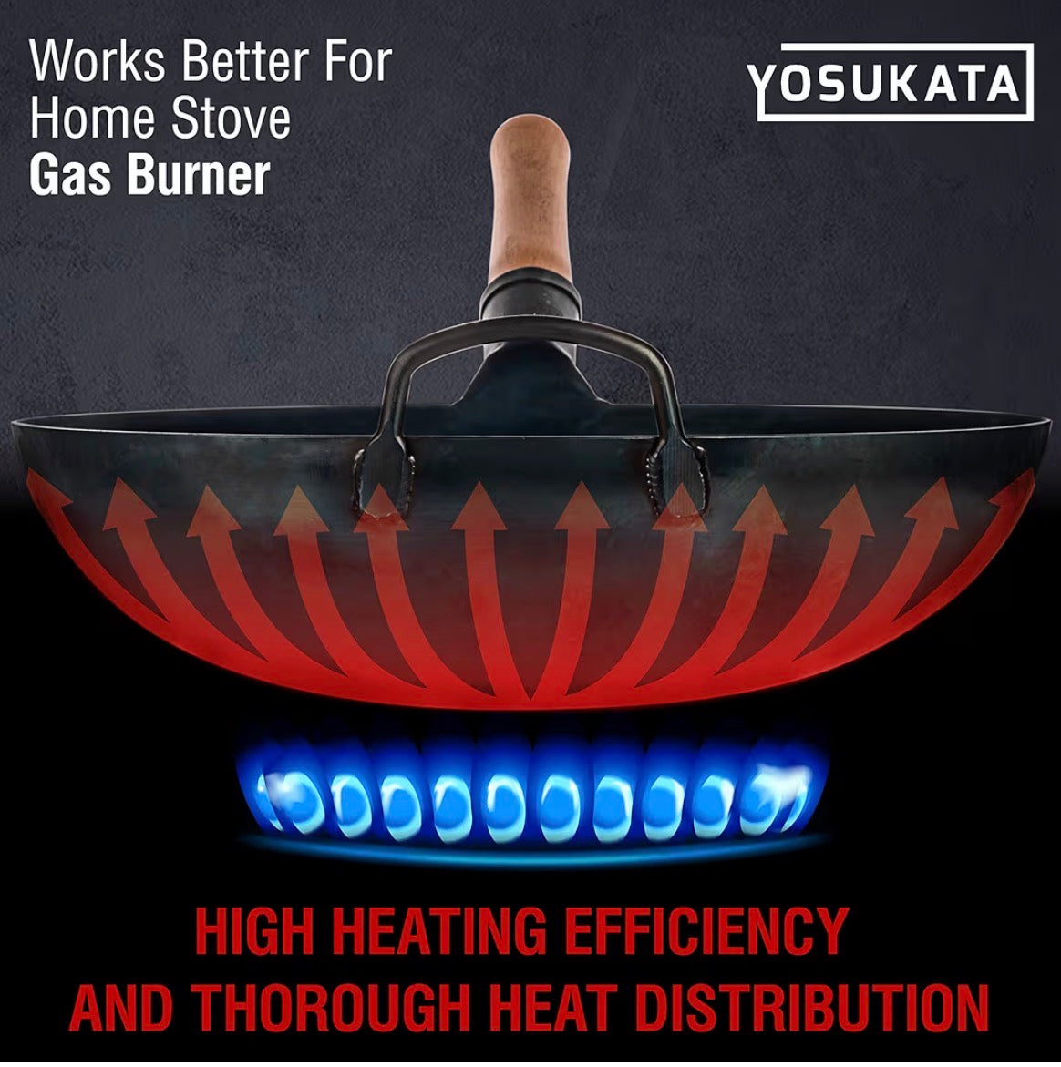 YOSUKATA 36 cm Round Bottom Carbon Steel Wok Pan – Blue Pre-Seasoned Pow Wok for Stir Fry, BBQ, Grill & Camping – Traditional Japanese & Chinese Cookware – Compatible with Gas Stoves & Open Fire Only