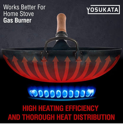 YOSUKATA 36 cm Round Bottom Carbon Steel Wok Pan – Blue Pre-Seasoned Pow Wok for Stir Fry, BBQ, Grill & Camping – Traditional Japanese & Chinese Cookware – Compatible with Gas Stoves & Open Fire Only