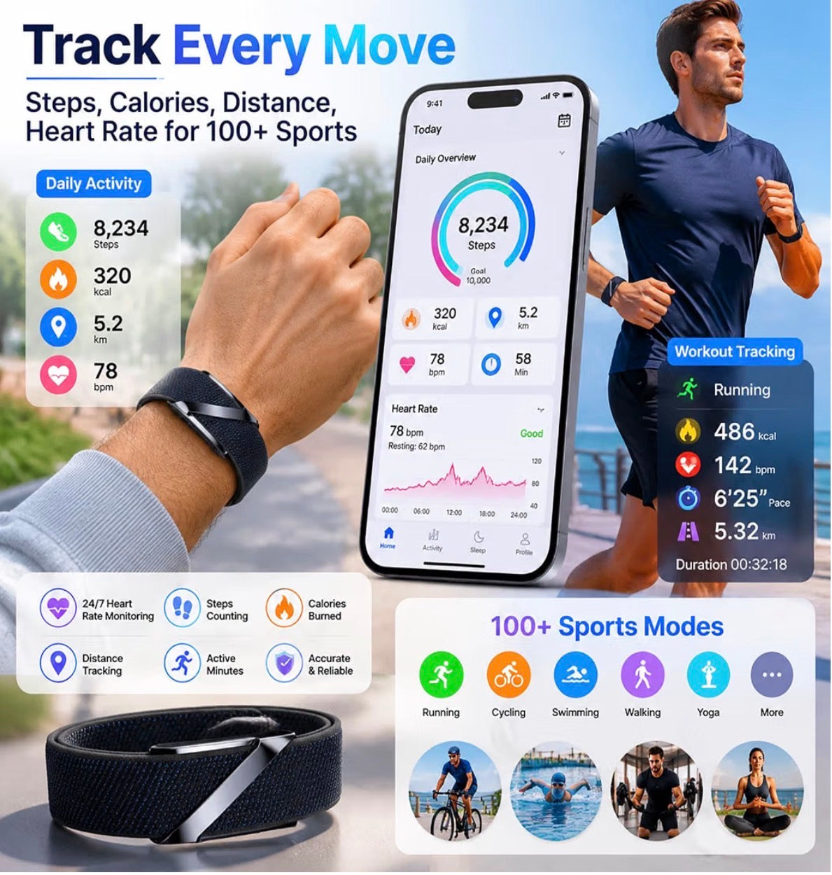 Health Fitness Tracker Smart Band AI Sleep Heart Rate Monitor