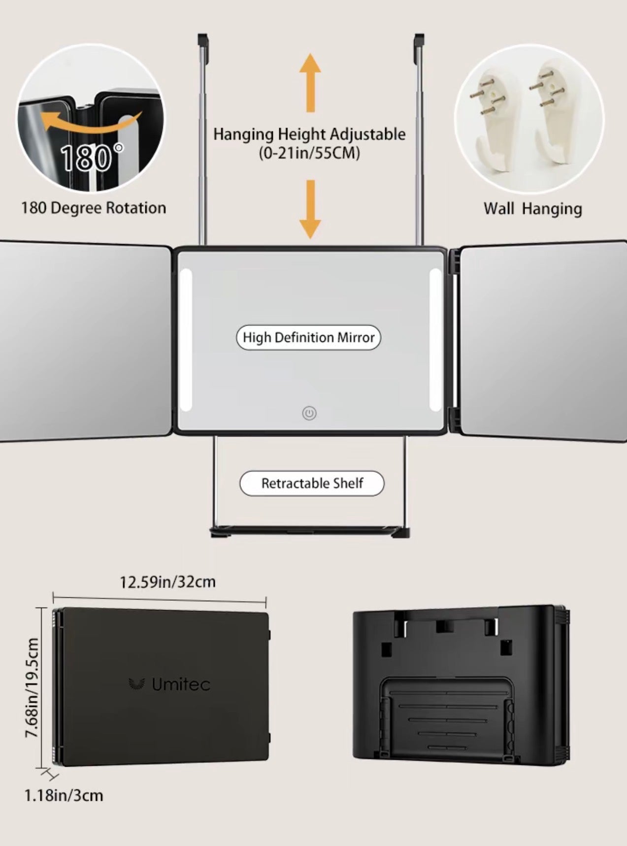 Umitec Adjustable LED 3-Way Mirror with Shelf