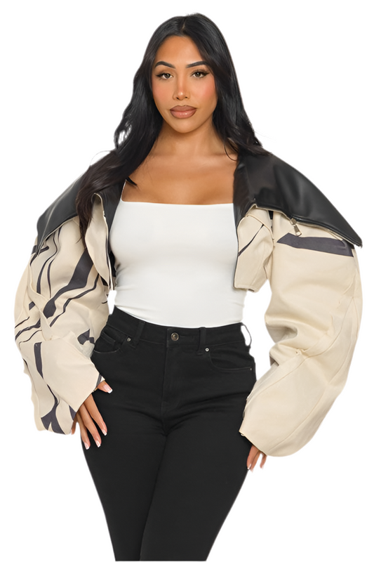 Two-Tone Puff Sleeve Bomber Jacket