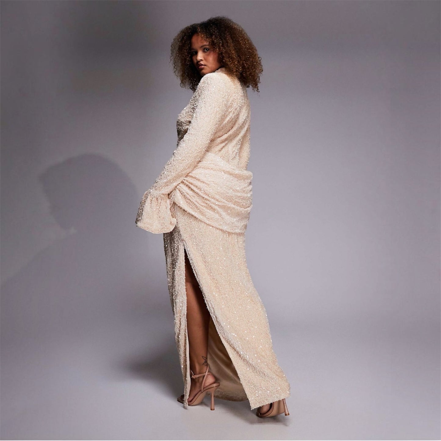 LUXE Curve Velvet Sequin Maxi Dress with Drape Waist in Cream