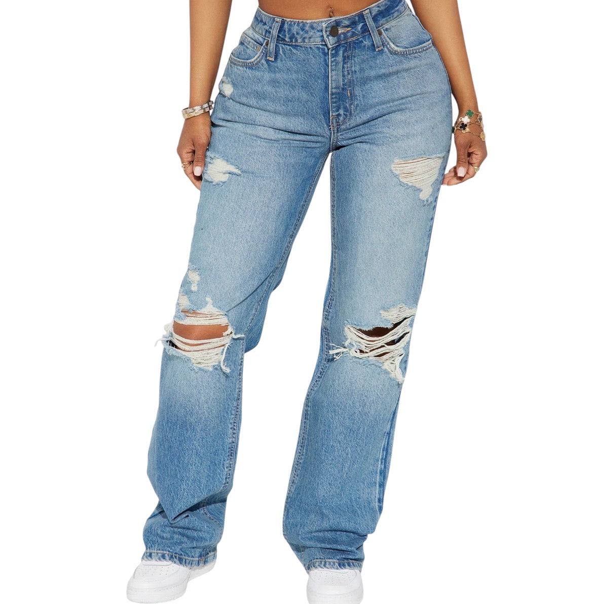 Unbothered Queen Ripped Straight Leg Jeans Vintage Wash