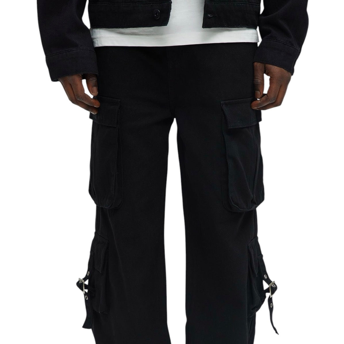These Streets Cargo Buckle Straps Baggy Jeans Black