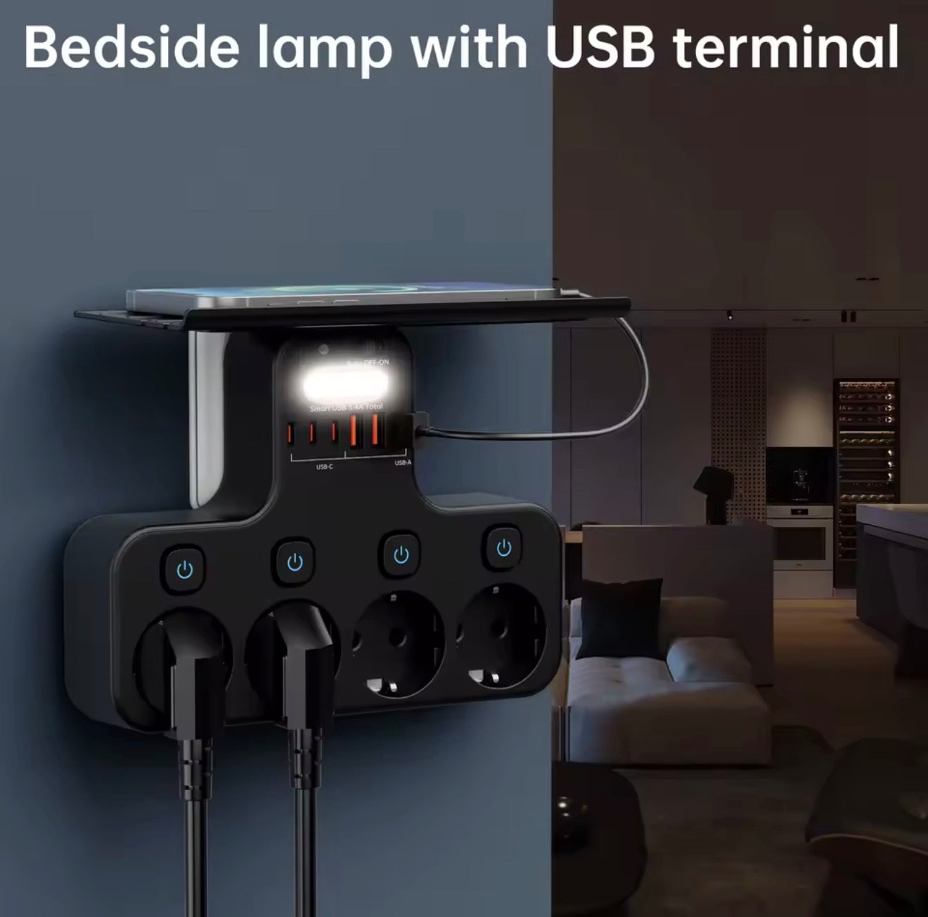 4000W EU Power Strip with USB-C and Smart Night Light