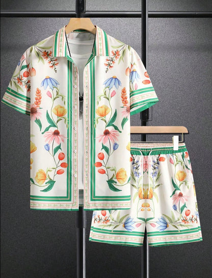 Men's Summer Beach Casual Short Sleeve Button Shirt Set
