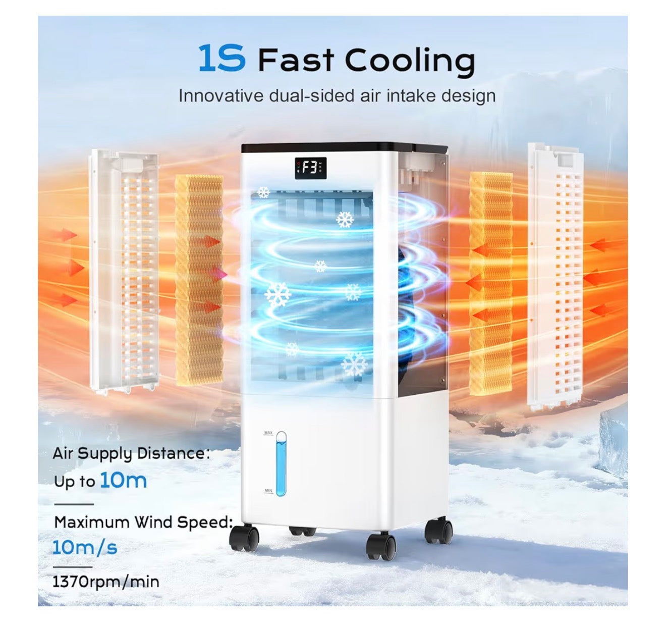Mobile Air Conditioners, 60W Evaporative Air Cooler, LED Display 10M/S 3 Modes 8L Tank 12H Timer 60°/120° Oscillation Low Noise, Touch/Remote Control 4 Ice Box Air Conditioner Unit for Home Bedroom