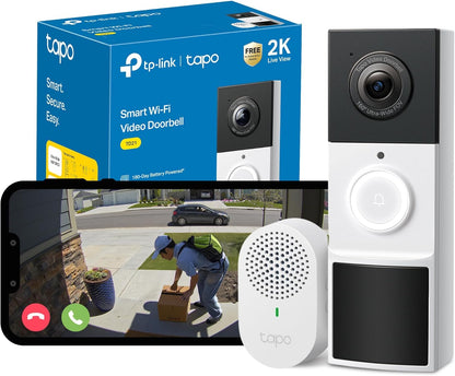 TD21 Battery Video Doorbell Wireless 2K 3MP Ultra-Clear Doorbell Camera, Ring Chime Included, Color Night, 160°DFOV Ultra-Wide, Tp-Link Free AI Detection,Ip65, 6-Month Battery,No Monthly Fee