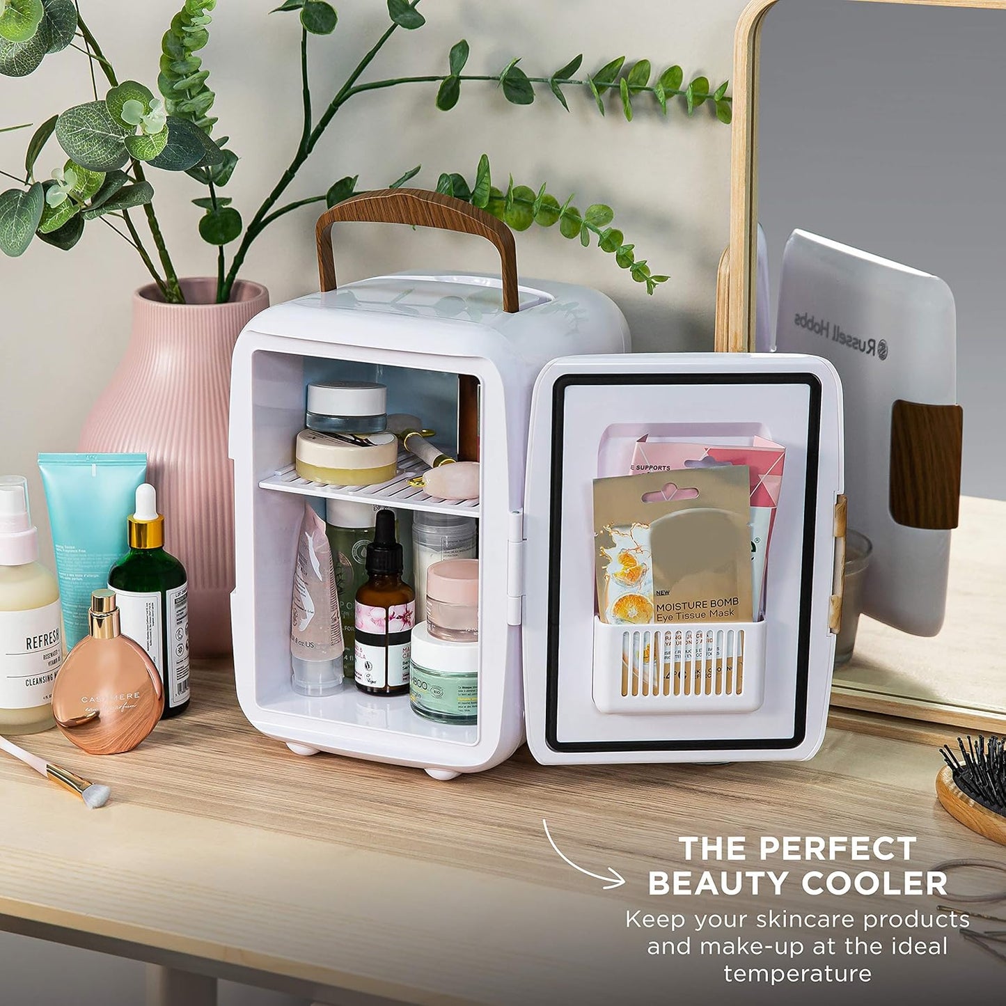 RH4CLR1001SCW 4L/6 Can Mini Portable Cooler & Warmer for Drinks, Cosmetics/Makeup/Skincare, AC/DC Power, Scandi Style, White & Wood Effect, for Bedroom, Home, Caravan, Car