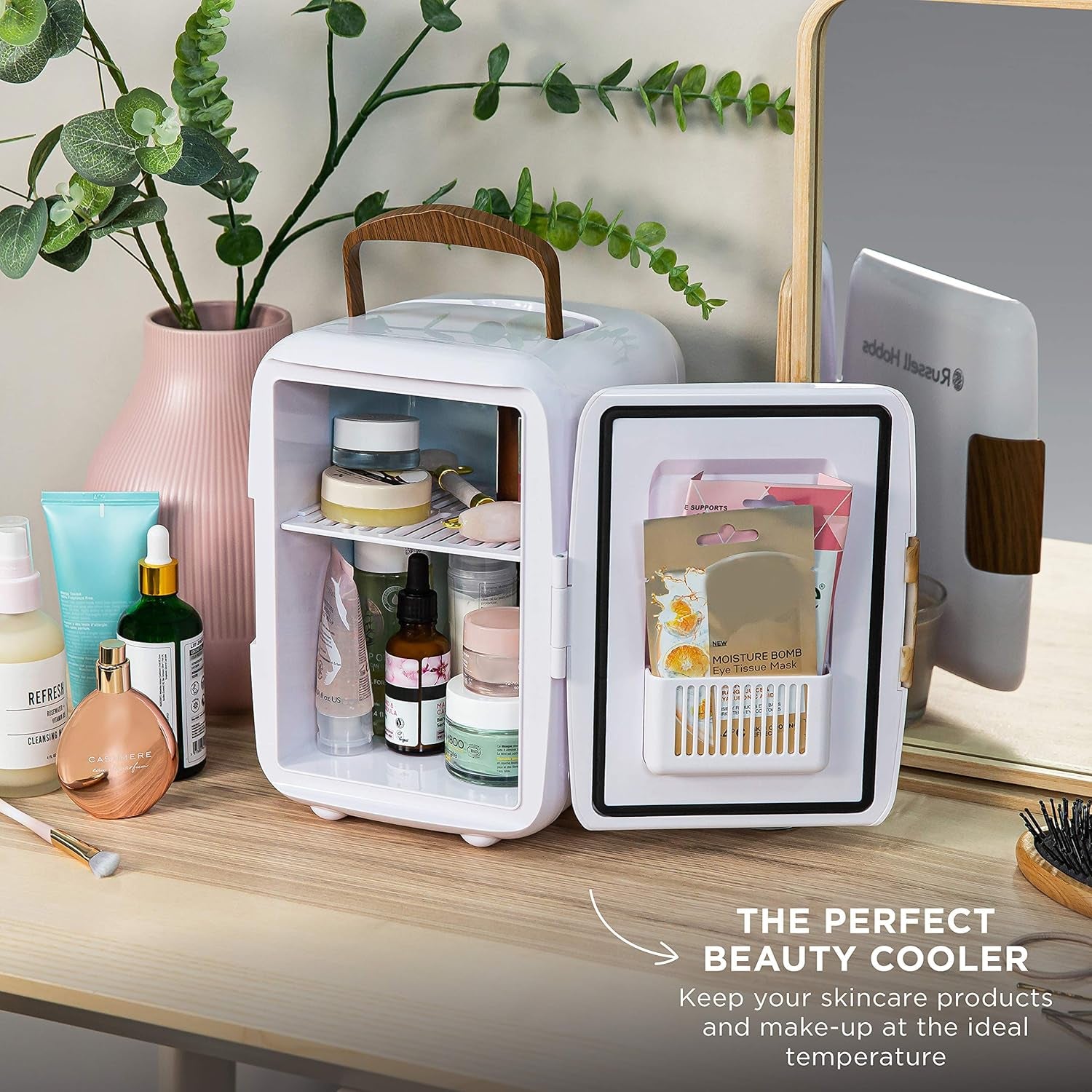 RH4CLR1001SCW 4L/6 Can Mini Portable Cooler & Warmer for Drinks, Cosmetics/Makeup/Skincare, AC/DC Power, Scandi Style, White & Wood Effect, for Bedroom, Home, Caravan, Car
