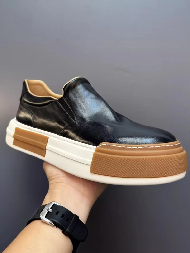 Vintage Men High Quality Horsehide Genuine Leather Slip on Loafers Thick Platform Low Cut Casual Shoes Autumn outside Sneakers