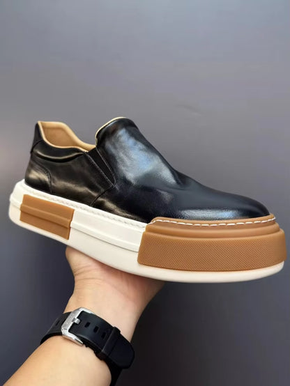 Vintage Men High Quality Horsehide Genuine Leather Slip on Loafers Thick Platform Low Cut Casual Shoes Autumn outside Sneakers