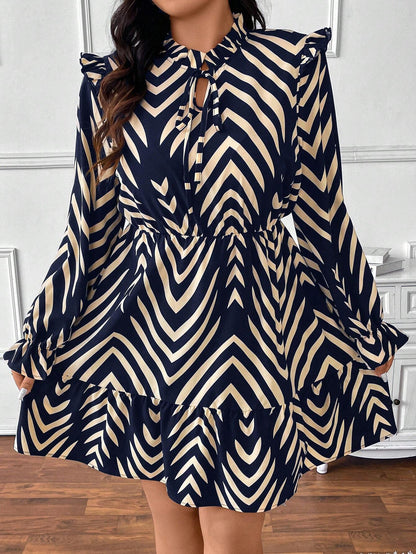 Plus Size A-Line Dress for Women with Geometric Print, Waist Cinching, and Long Sleeves