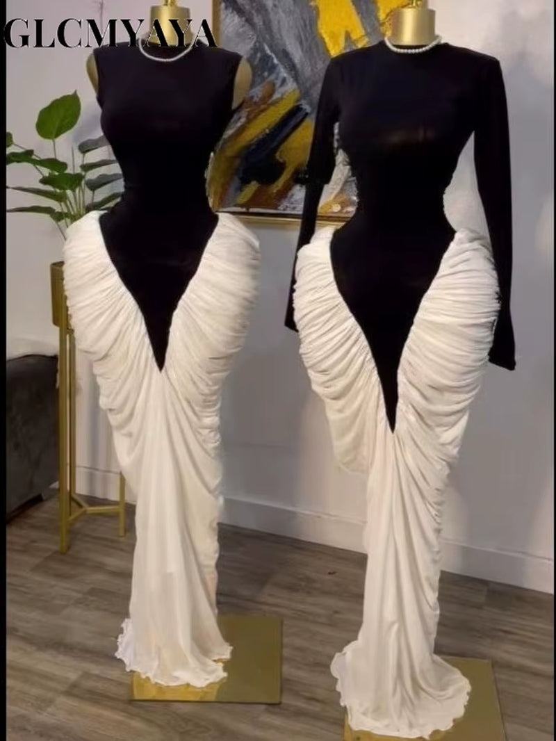 Women Long Sleeve Patchwork Ruched Stacked Lace up Smock Maxi Long Dress 2025 Vacation Party Birthday Dresses Vestidos