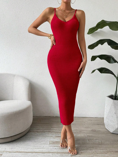 Raffinée Women's Elegant Solid Color Slim Fit Sleeveless Knit Sweater Dress