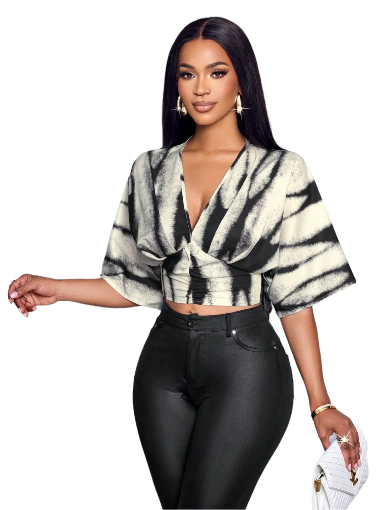 SOLERSUN Women'S Floral Print Deep V-Neck Batwing Sleeve Ruched Waist Blouse